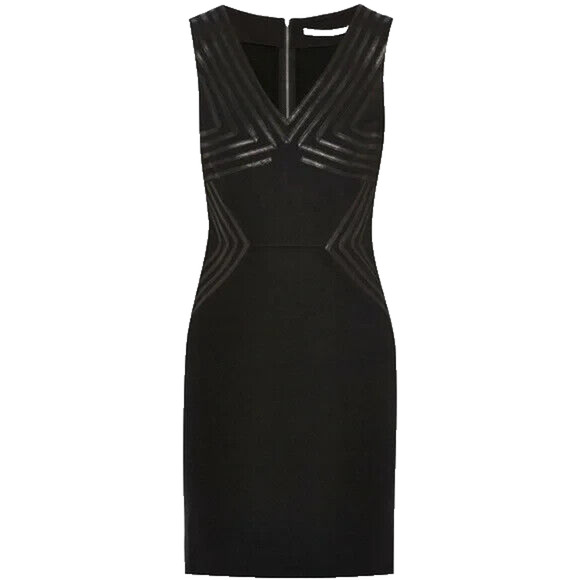 Diane von Furstenberg Black Glenda Dress Sheath Leather Trim V Neck Slee… - Picture 1 of 10